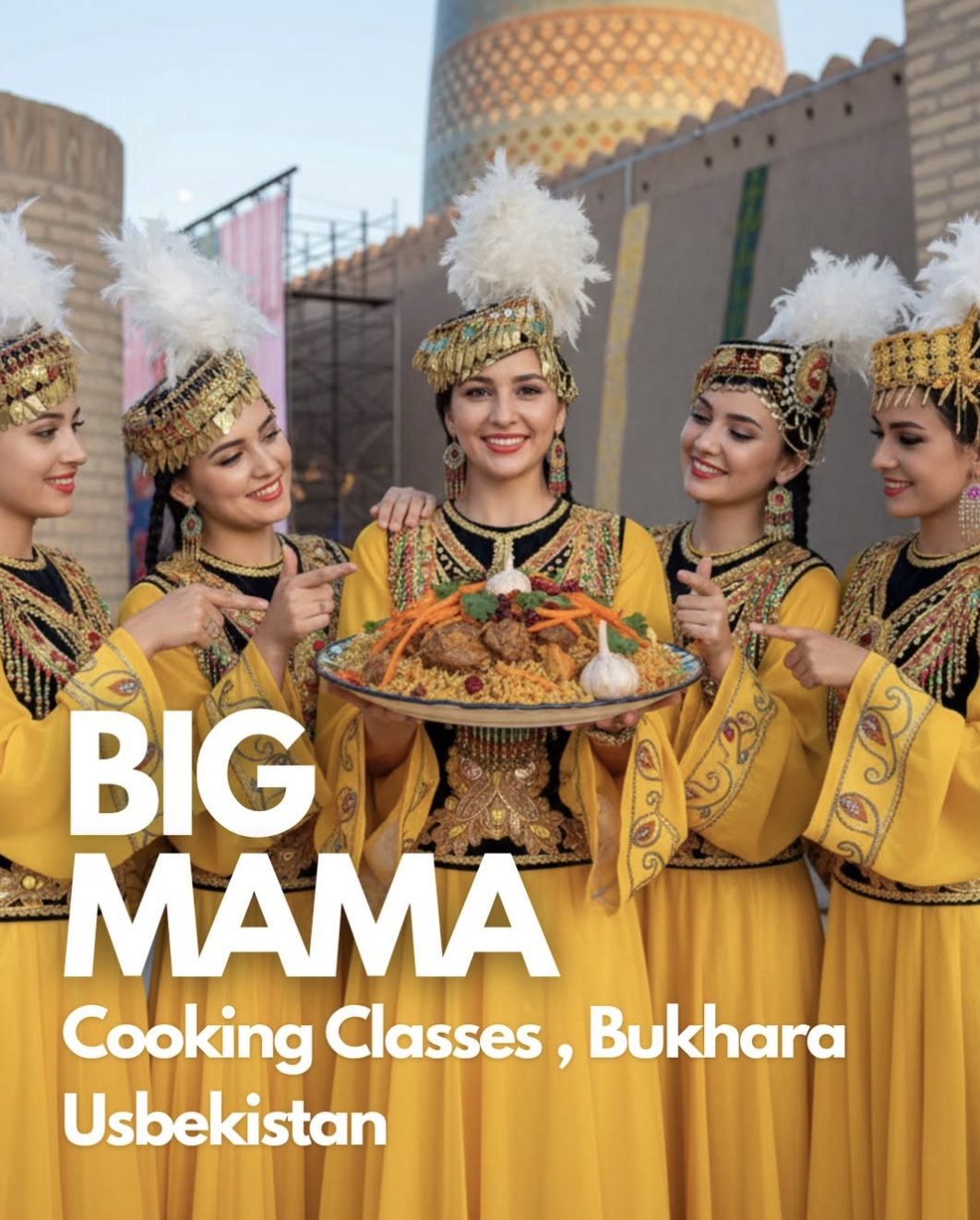 Five women in traditional Uzbek dress presenting a plate of plov in front of historic Bukhara architecture